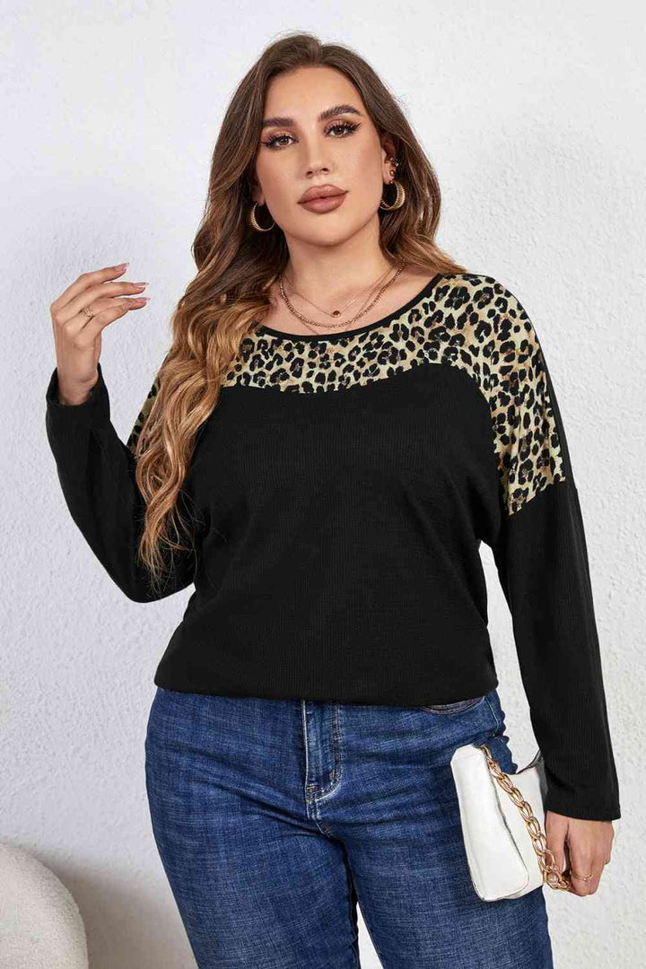 Melo Apparel Plus Size Leopard Trim Round Neck Long Sleeve Tee | 1mrk.com