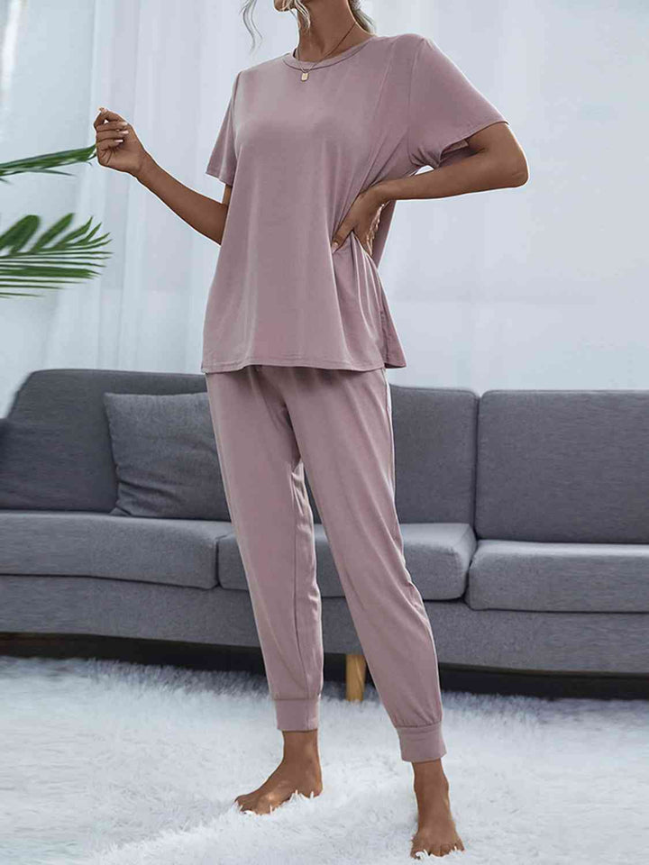 Round Neck Short Sleeve Top and Pants Set | 1mrk.com