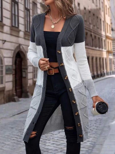 Pocketed Button Up Long Sleeve Cardigan | Trendsi