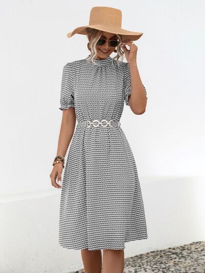 Printed Mock Neck Flounce Sleeve Dress |1mrk.com