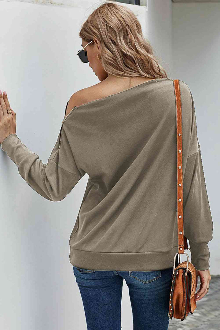 Zipper Detail Boat Neck Dropped Shoulder Sweatshirt |1mrk.com