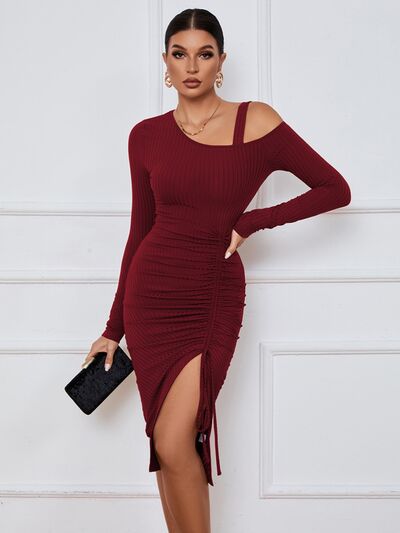 Ribbed Ruched Drawstring Wrap Dress | 1mrk.com