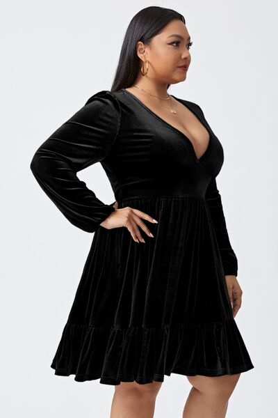 Plus Size Plunge Long Sleeve Mini Dress |1mrk.com