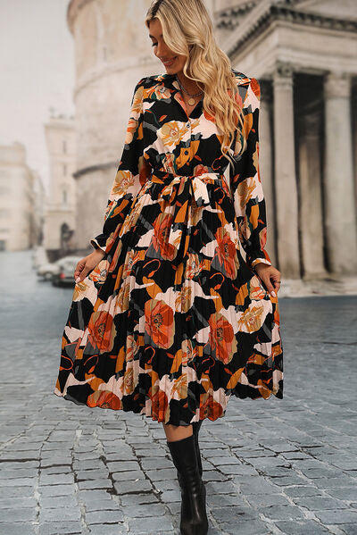 Printed Half Button Tie-Waist Pleated Dress | 1mrk.com