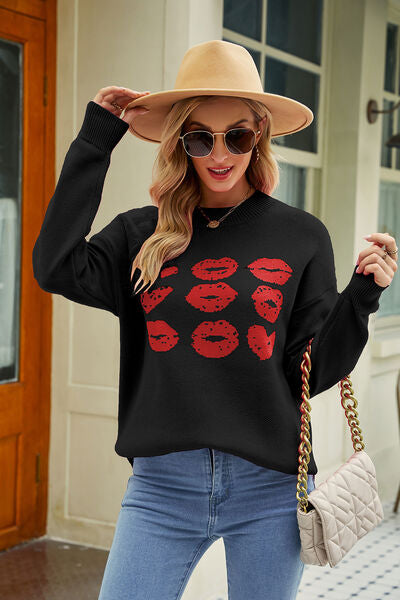 Contrast Lip Pattern Round Neck Slit Sweater |1mrk.com