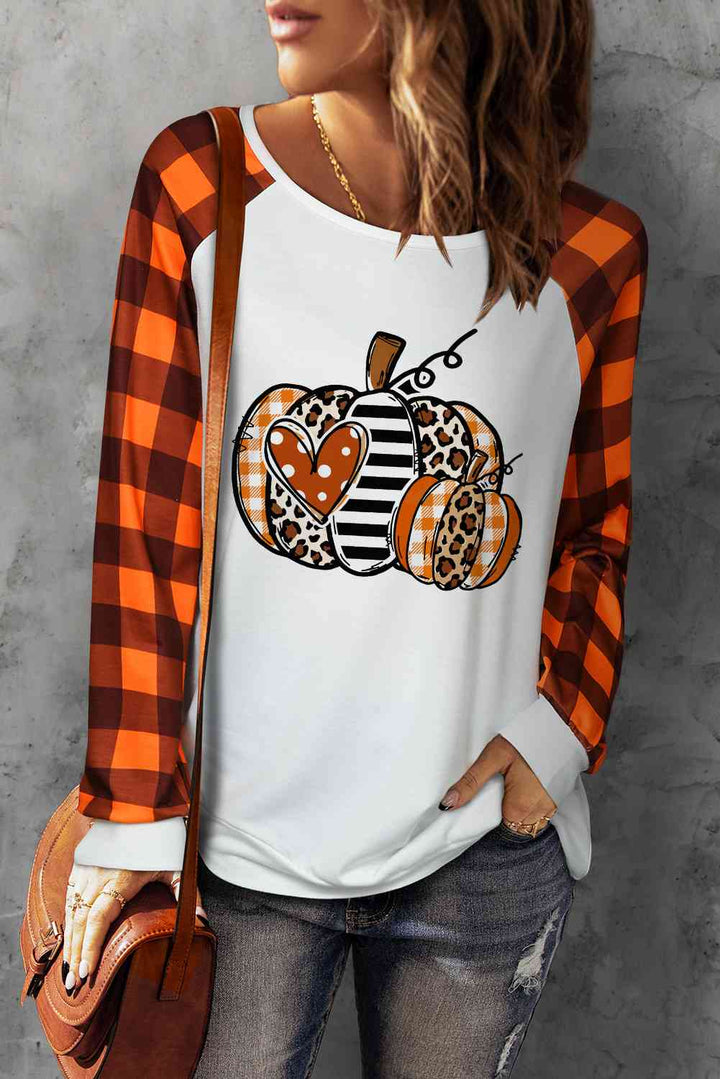 Pumpkin Graphic Round Neck Long Plaid Sleeve Tee | 1mrk.com