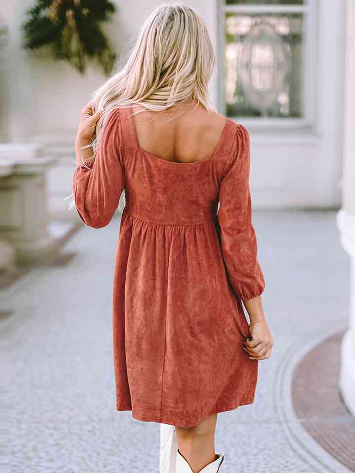 Square Neck Three-Quarter Sleeve Mini Dress | 1mrk.com