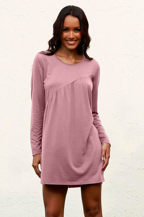 Ruched Round Neck Long Sleeve Dress | 1mrk.com