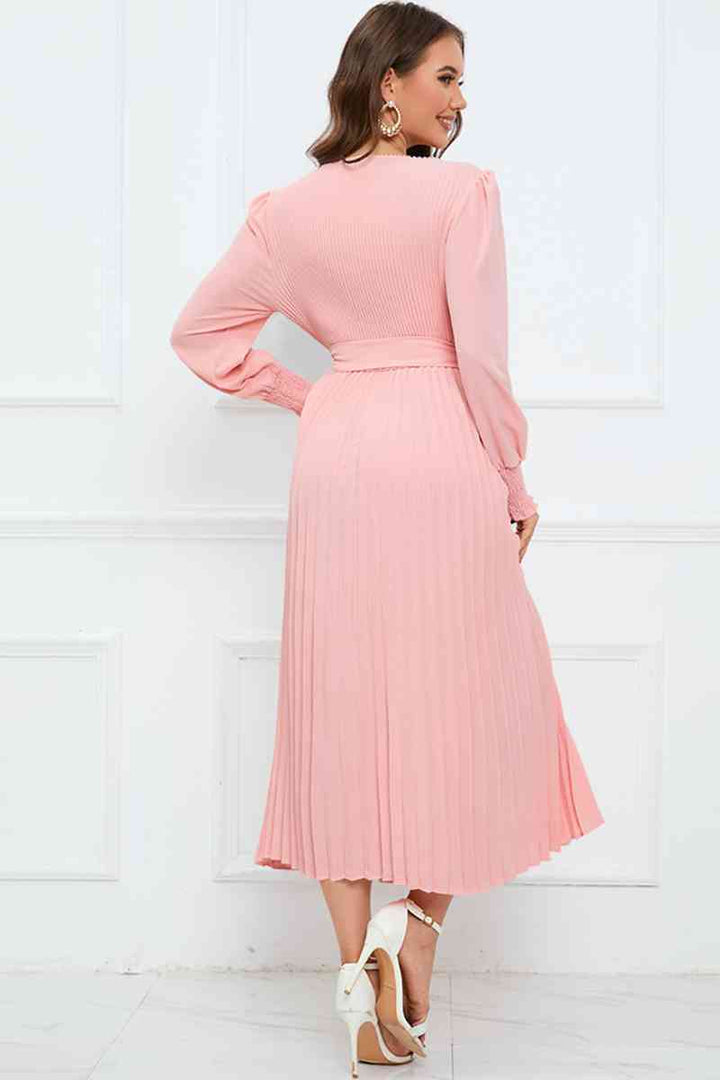 Round Neck Flounce Sleeve Pleated Dress | 1mrk.com