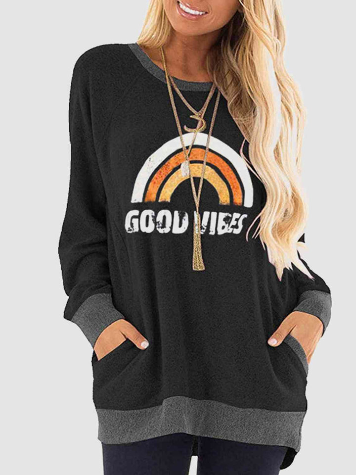 Rainbow Graphic Round Neck Sweatshirt with Pockets |1mrk.com