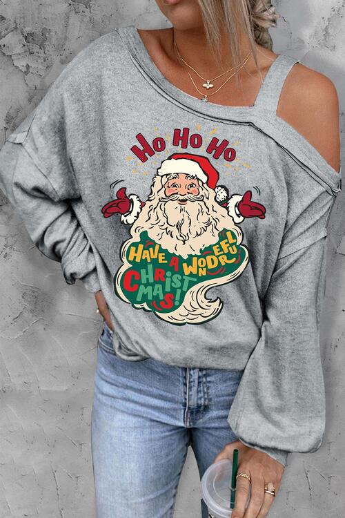 Santa Claus Graphic Asymmetrical Neck Long Sleeve Top | 1mrk.com