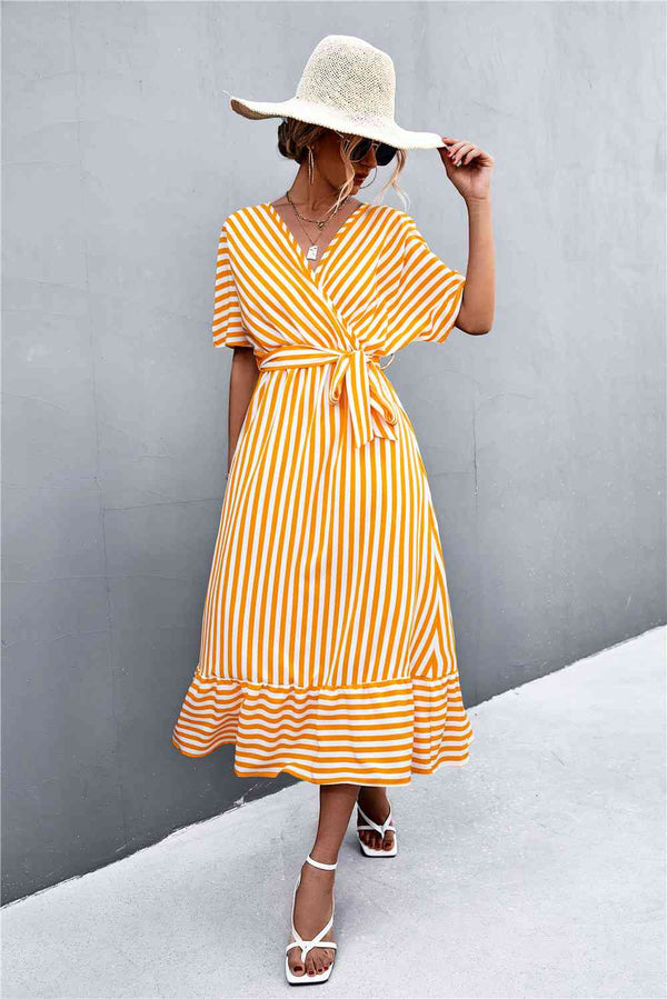 Striped Tie Belt Midi Dress |1mrk.com