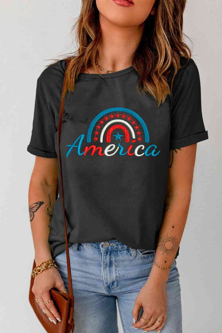 AMERICA Embroidered Round Neck Cuffed Tee Shirt | 1mrk.com