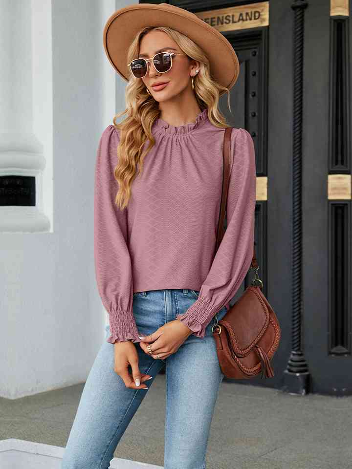 Round Neck Flounce Sleeve Blouse | 1mrk.com