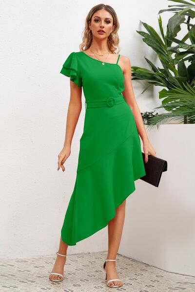 Ruffled Asymmetrical Neck Flutter Sleeve Dress |1mrk.com