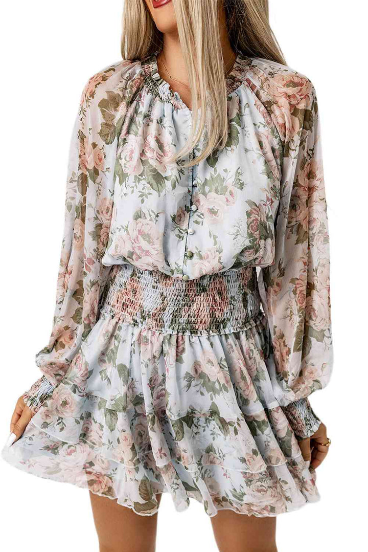 Floral Smocked Waist Layered Mini Dress |1mrk.com