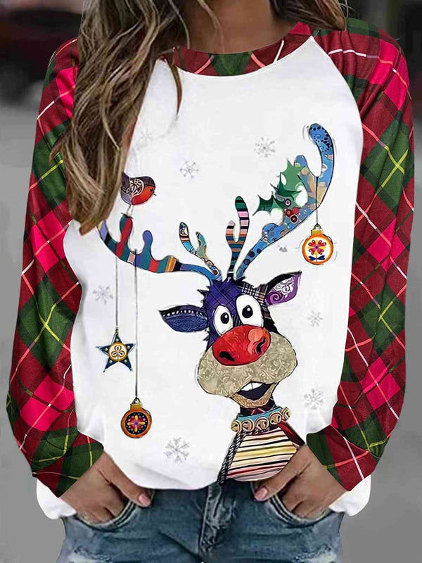 Plus Size Reindeer Graphic Plaid Long Sleeve T-Shirt | 1mrk.com