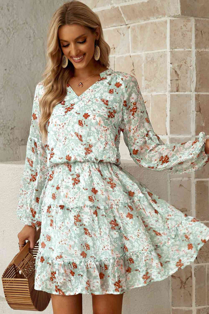 Floral Frill Trim Puff Sleeve Notched Neck Dress |1mrk.com