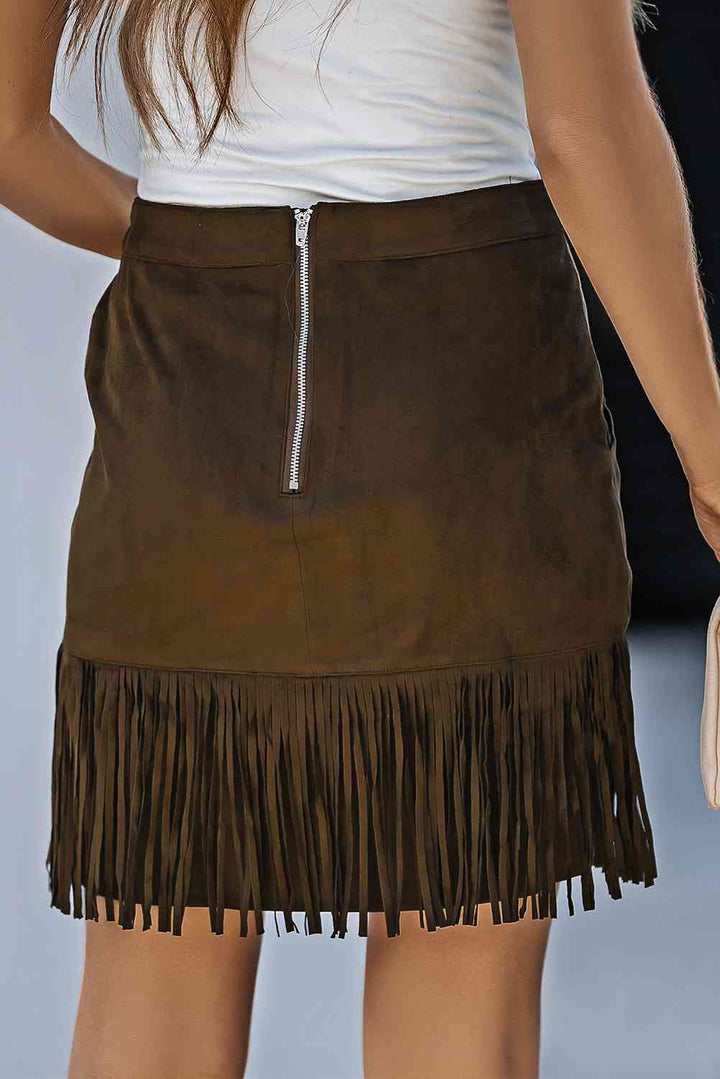 Fringe Detail Zip-Back Skirt with Pockets |1mrk.com