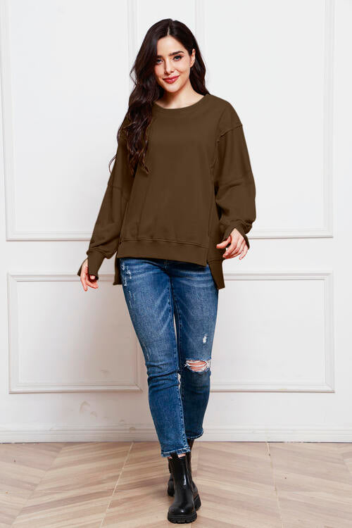 Exposed Seam Long Sleeve Slit Sweatshirt |1mrk.com