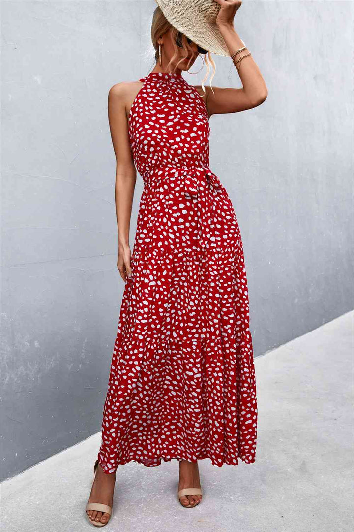 Printed Sleeveless Tie Waist Maxi Dress |1mrk.com