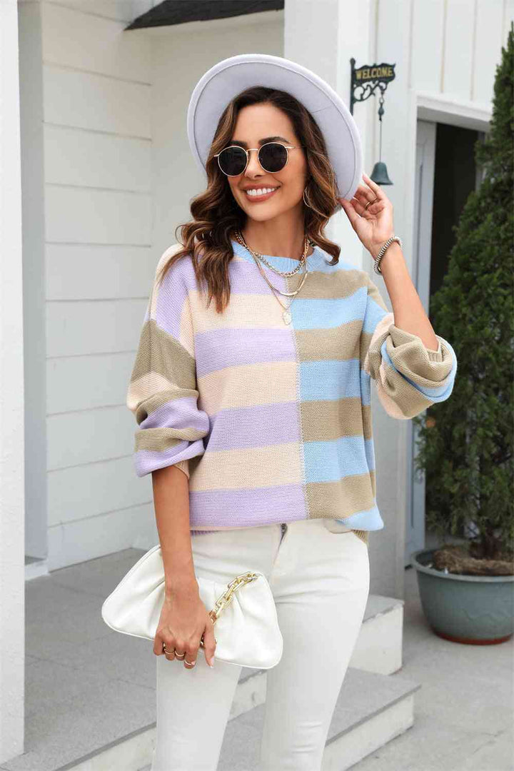 Round Neck Long Sleeve Color Block Dropped Shoulder Pullover Sweater |1mrk.com