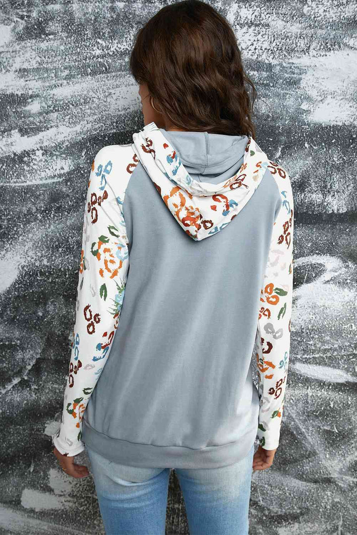 Printed Drawstring Detail Raglan Sleeve Hoodie | 1mrk.com