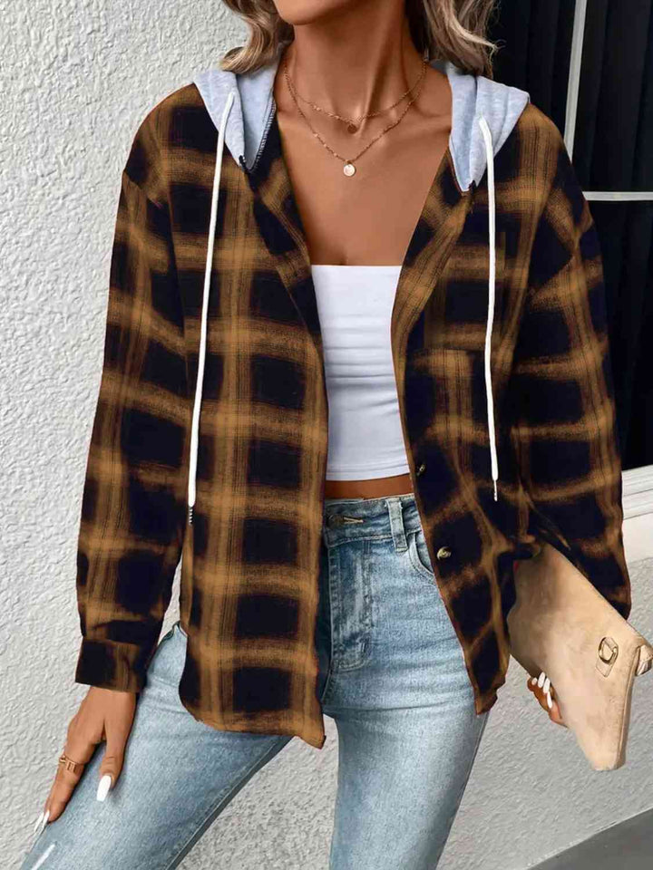 Plaid Drawstring Button Up Hooded Jacket |1mrk.com