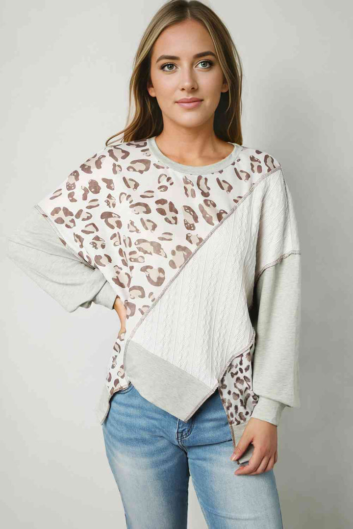 Leopard Exposed Seams Round Neck Sweatshirt | 1mrk.com