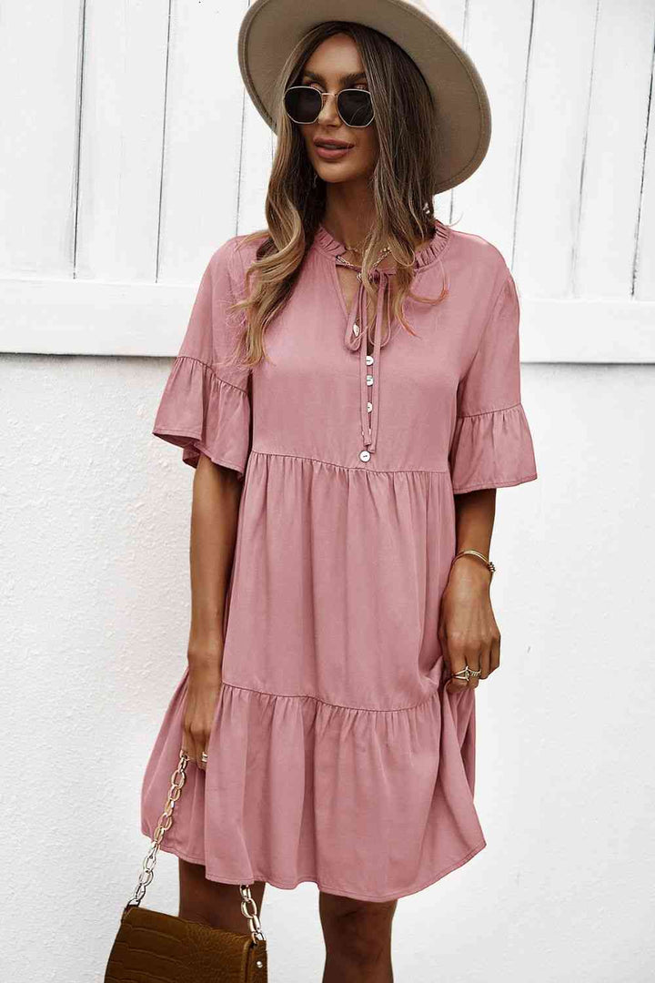 Buttoned Tie Neck Tiered Mini Dress |1mrk.com