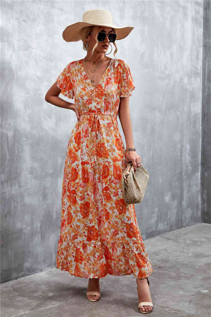 Floral Buttoned Drawstring Waist Tiered Dress |1mrk.com