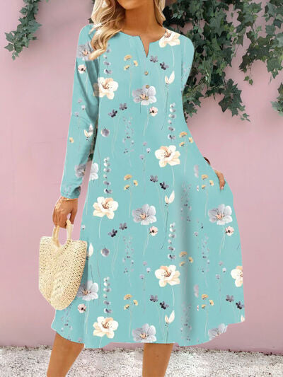 Floral Notched Long Sleeve Midi Dress |1mrk.com