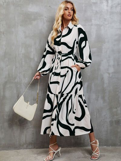 Tied Button Up Balloon Sleeve Dress |1mrk.com