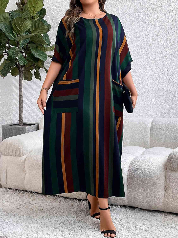 Plus Size Striped Maxi Dress with Pockets |1mrk.com