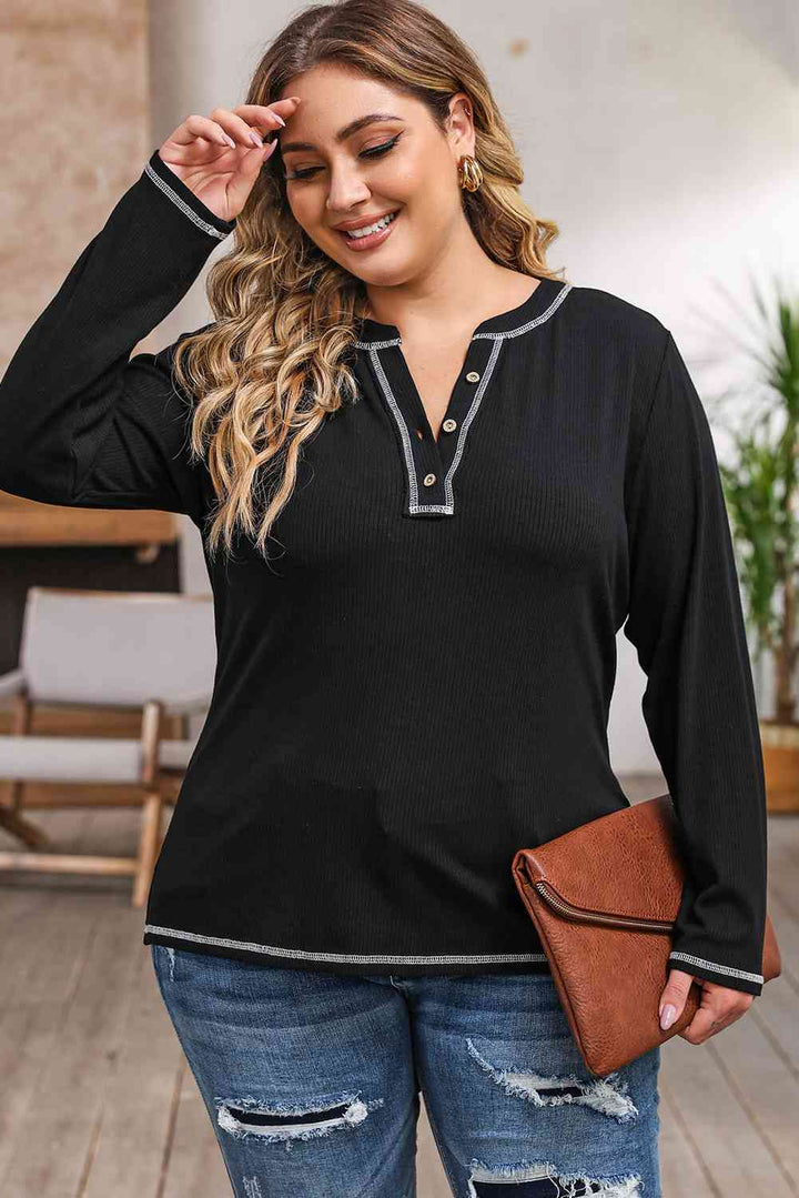 Plus Size Notched Neck Long Sleeve T-Shirt | 1mrk.com