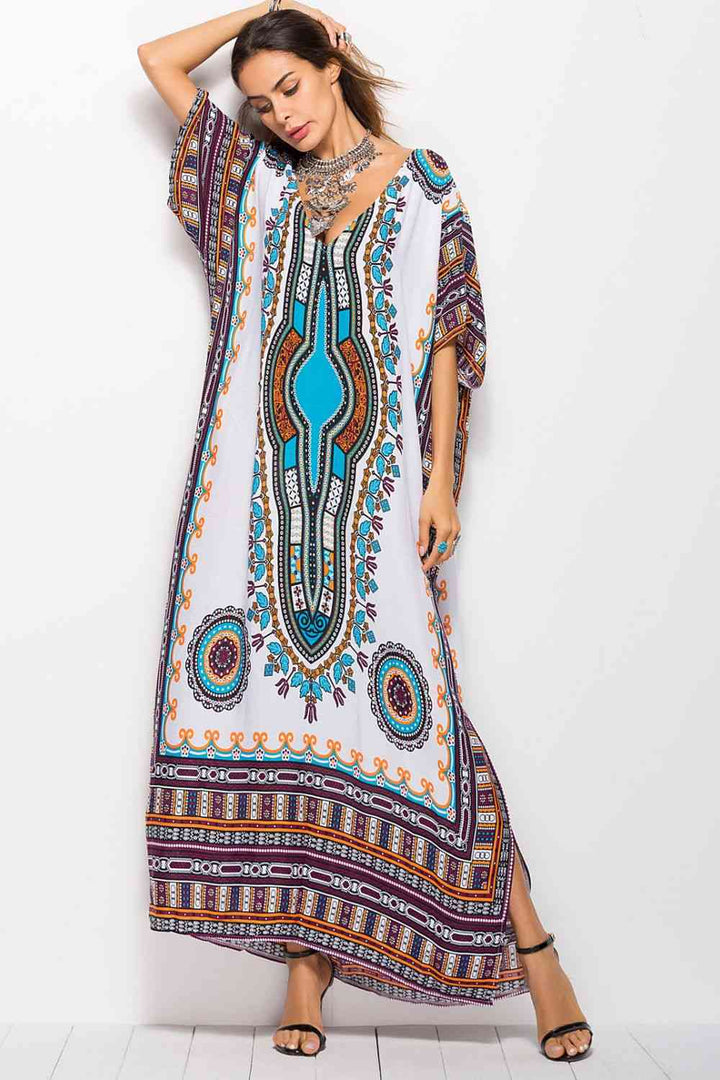 Printed V-Neck Side Slit Maxi Dress |1mrk.com