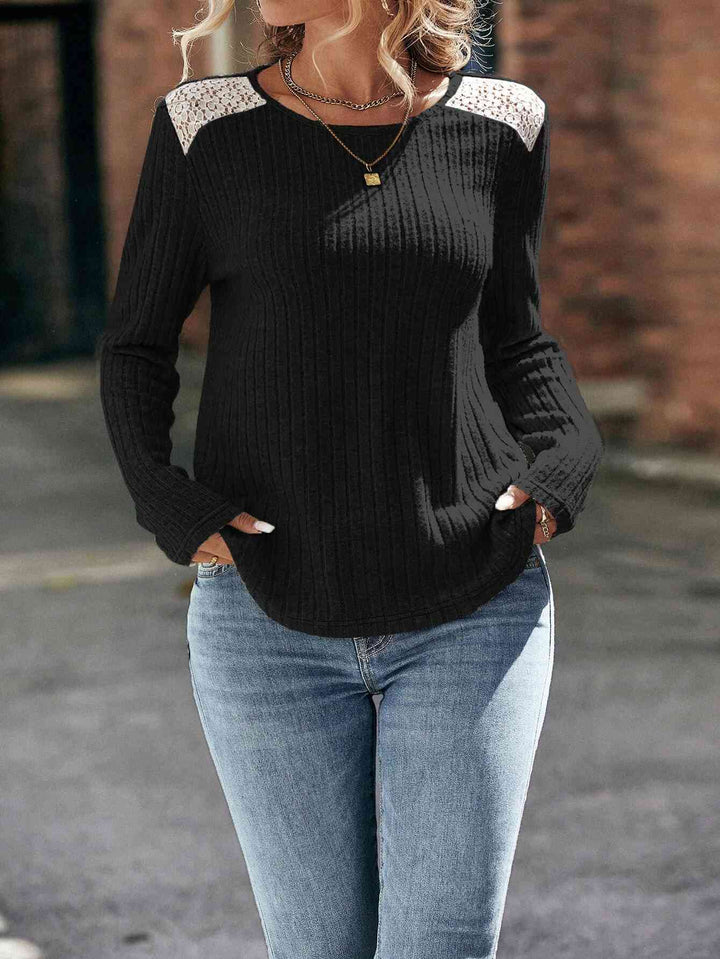 Round Neck Ribbed Long Sleeve T-Shirt | 1mrk.com