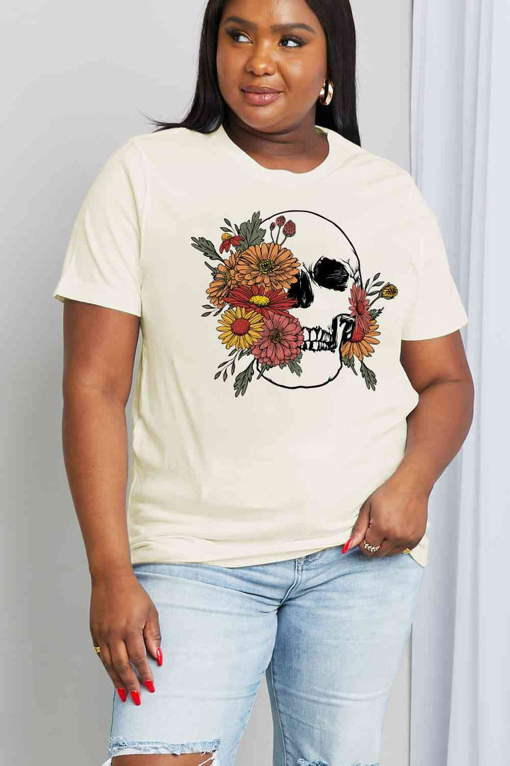 Simply Love Full Size Flower Skull Graphic Cotton Tee | 1mrk.com