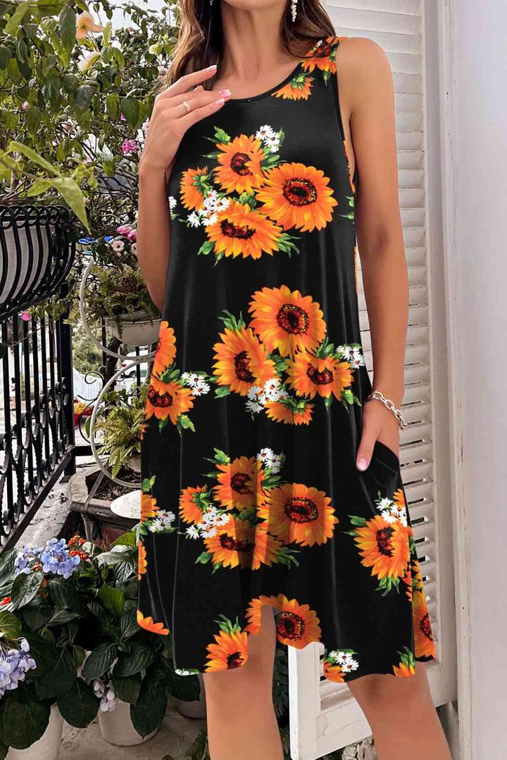 Printed Round Neck Sleeveless Dress |1mrk.com