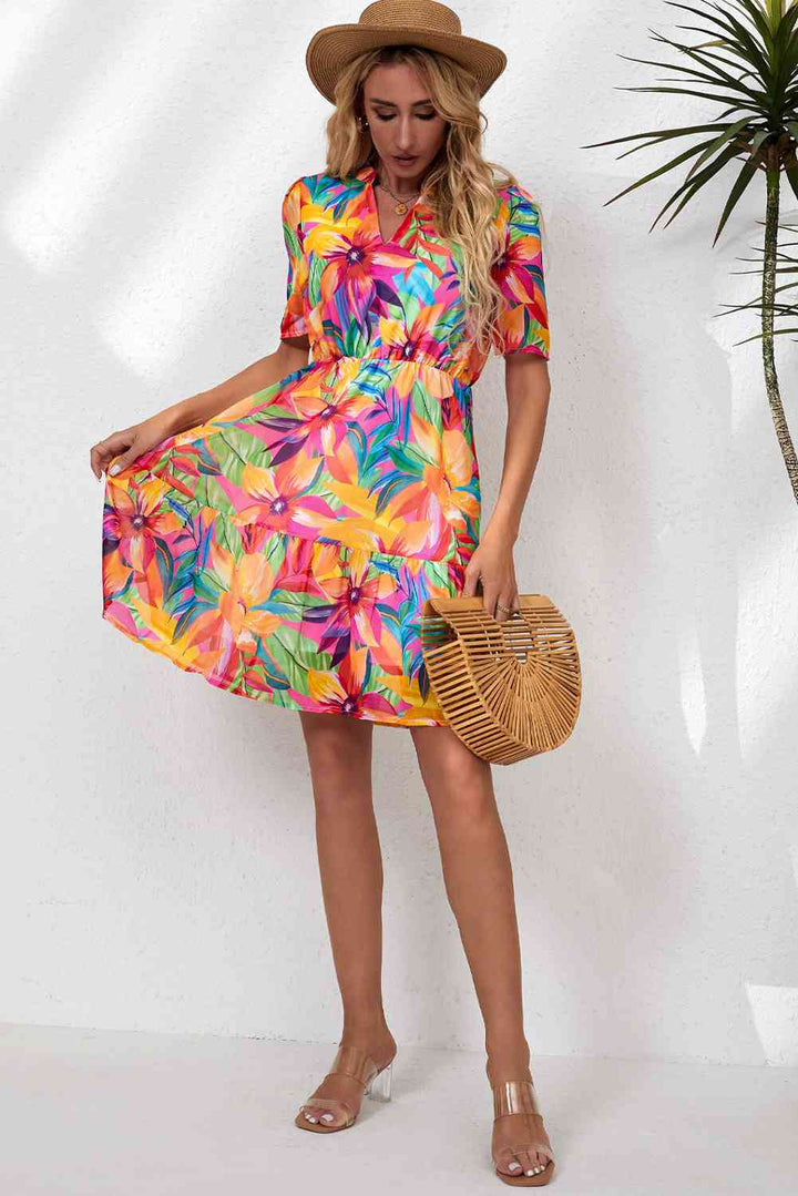 Floral Notched Neck Short Sleeve Dress |1mrk.com