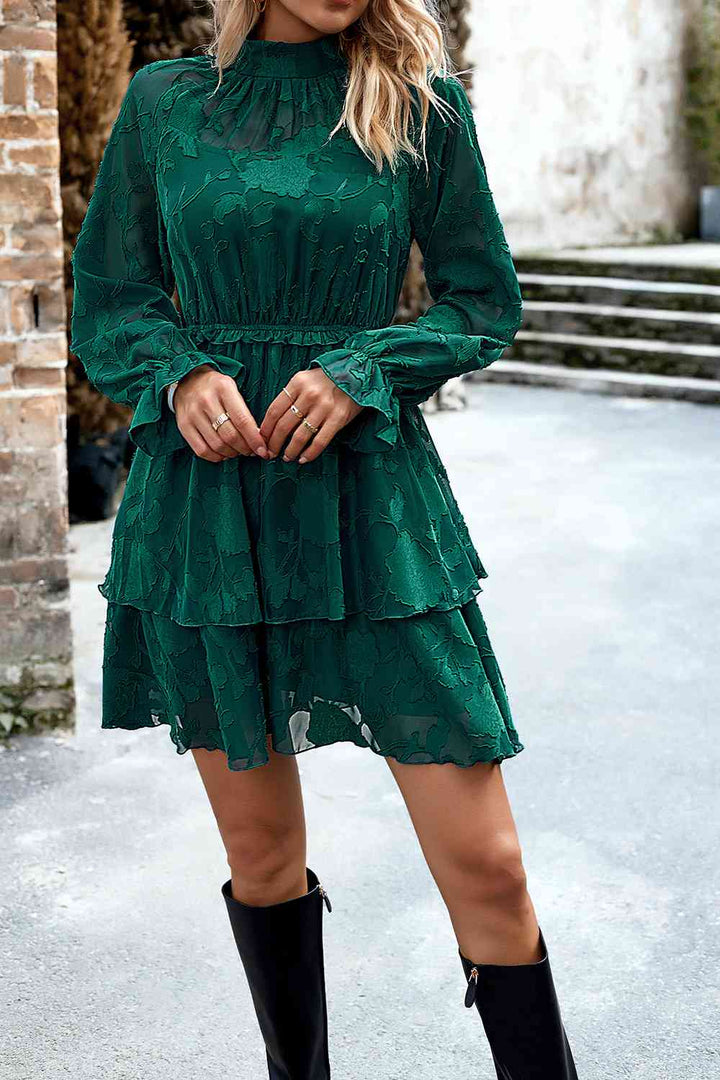 Mock Neck Flounce Sleeve Layered Dress |1mrk.com