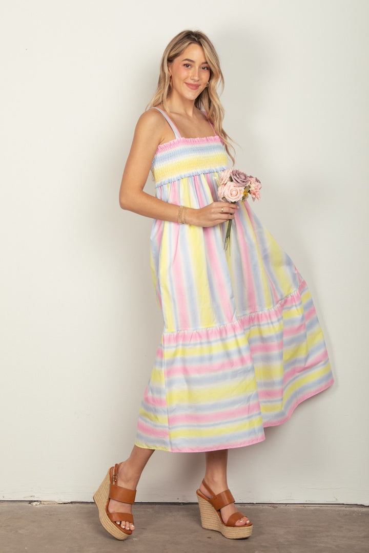 VERY J Striped Woven Smocked Midi Cami Dress | Trendsi