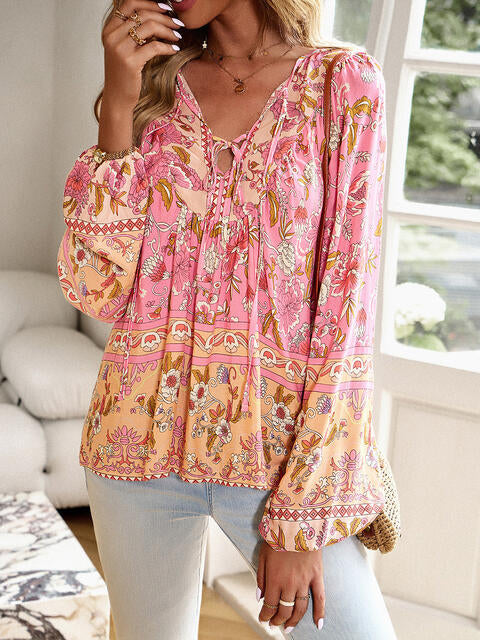 Floral Tie Neck Puff Sleeve Blouse | 1mrk.com