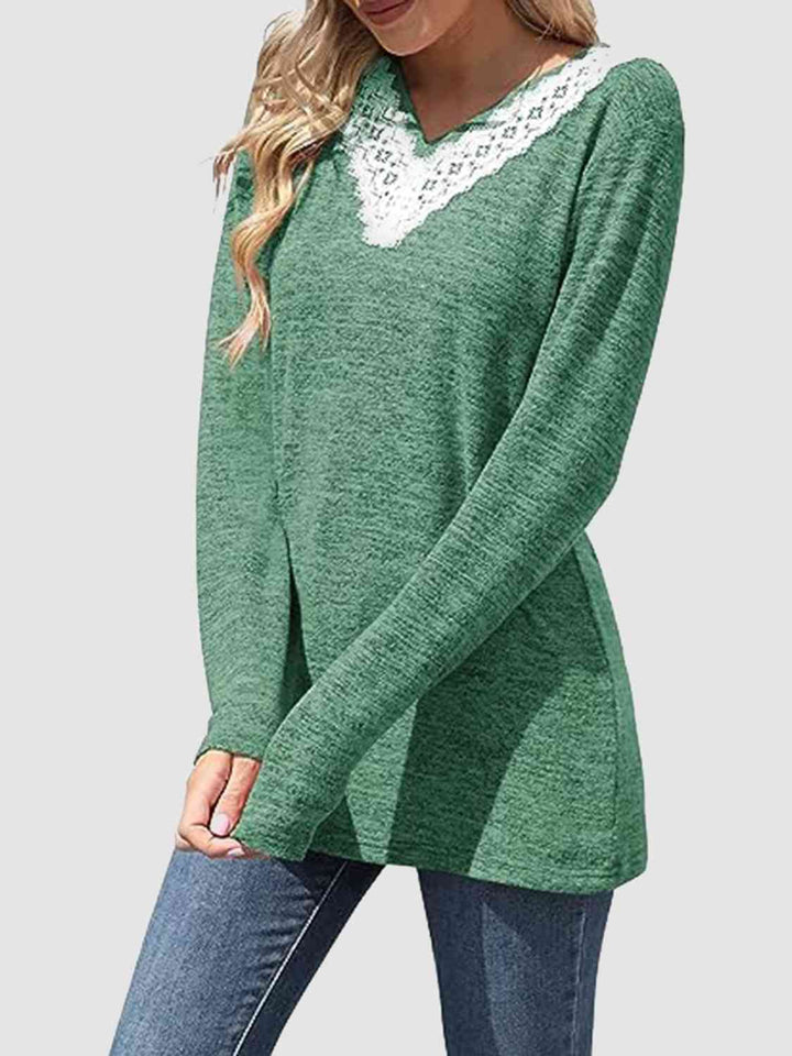 Lace Detail V-Neck Long Sleeve Top | 1mrk.com