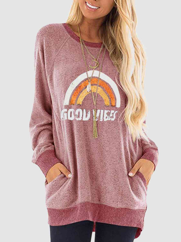 Rainbow Graphic Round Neck Sweatshirt with Pockets |1mrk.com