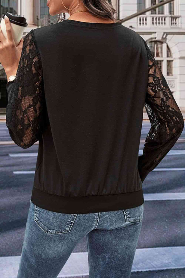 Round Neck Lace Trim Long Sleeve Sweatshirt |1mrk.com