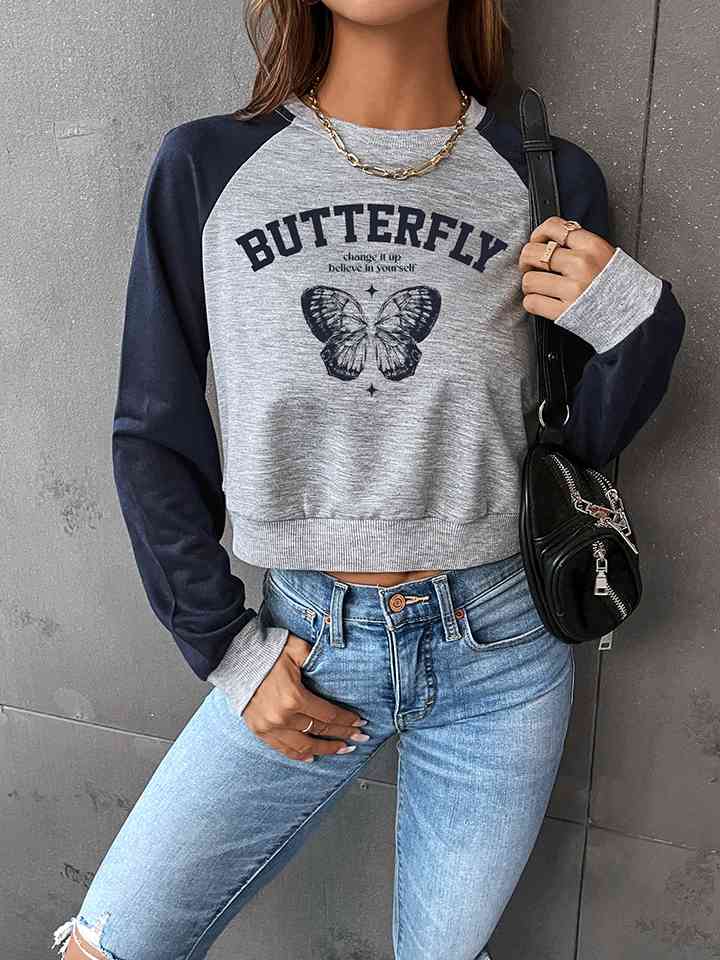 Round Neck Raglan Sleeve Butterfly Graphic Sweatshirt |1mrk.com