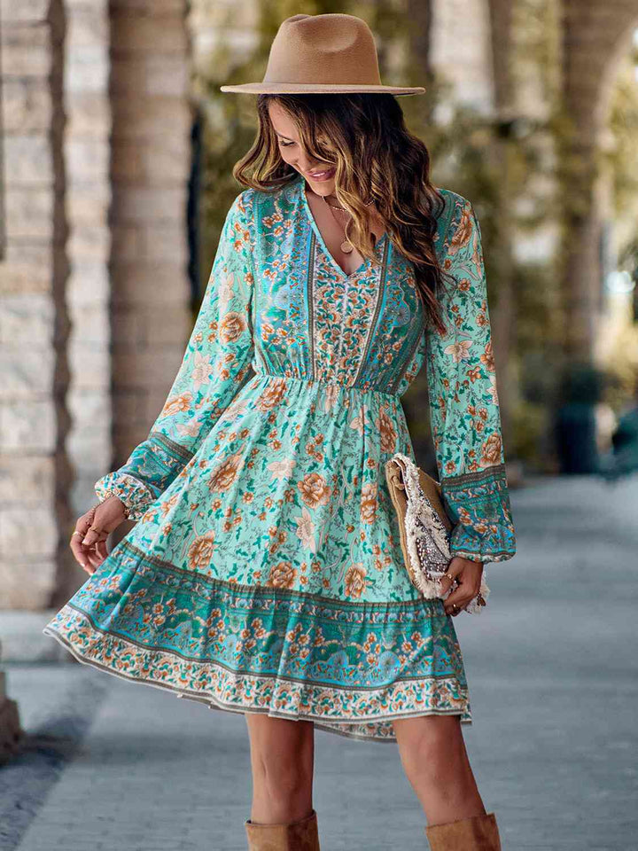 Bohemian V-Neck Long Sleeve Dress |1mrk.com