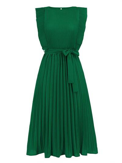 Tied Round Neck Pleated Midi Dress |1mrk.com