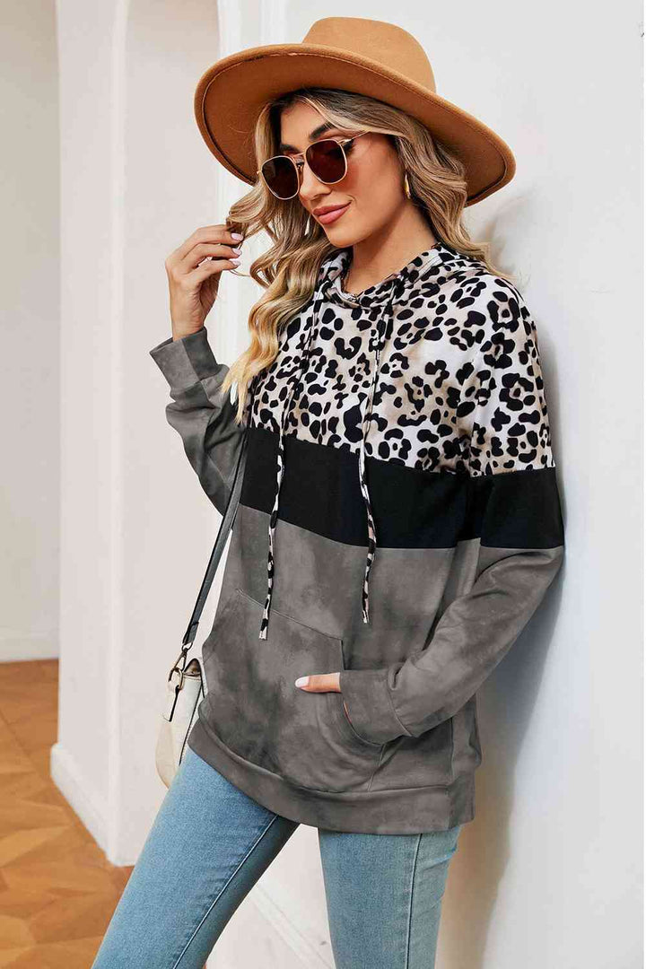 Leopard Drawstring Hoodie with Pocket |1mrk.com